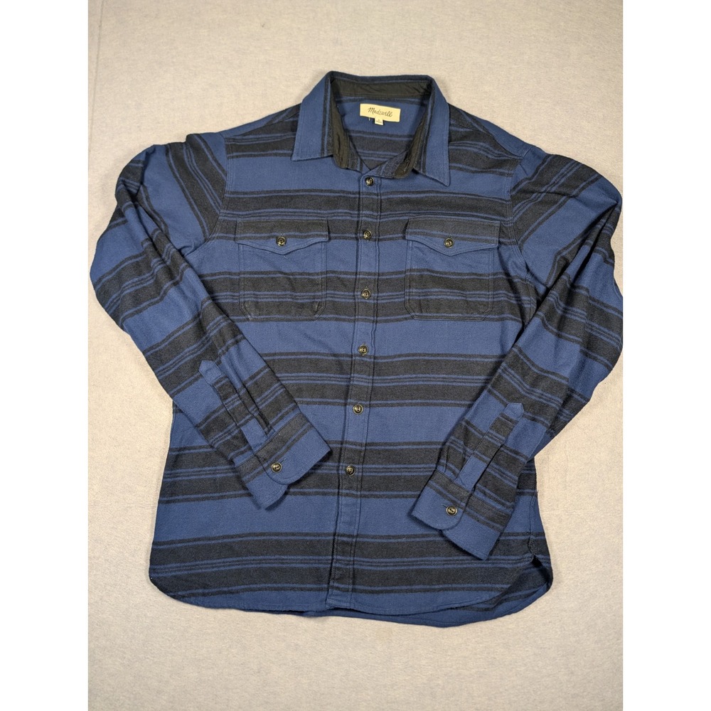 Madewell Flannel Shirt Mens M Blue Black Striped Button Down Excellent